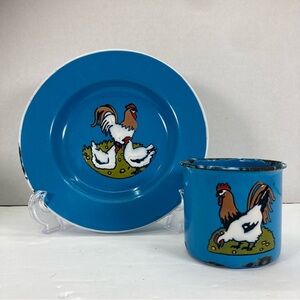 Vintage Blue Enamelware Plate & Mug with Rooster and Hen / Chicken